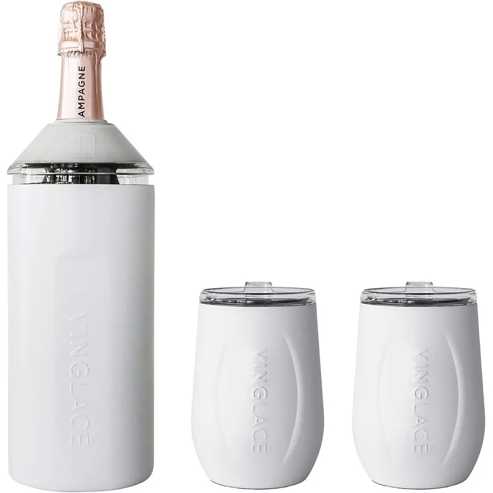 Portable Stainless Steel Wine Chiller Set with 2 Stem Wine Glasses, White