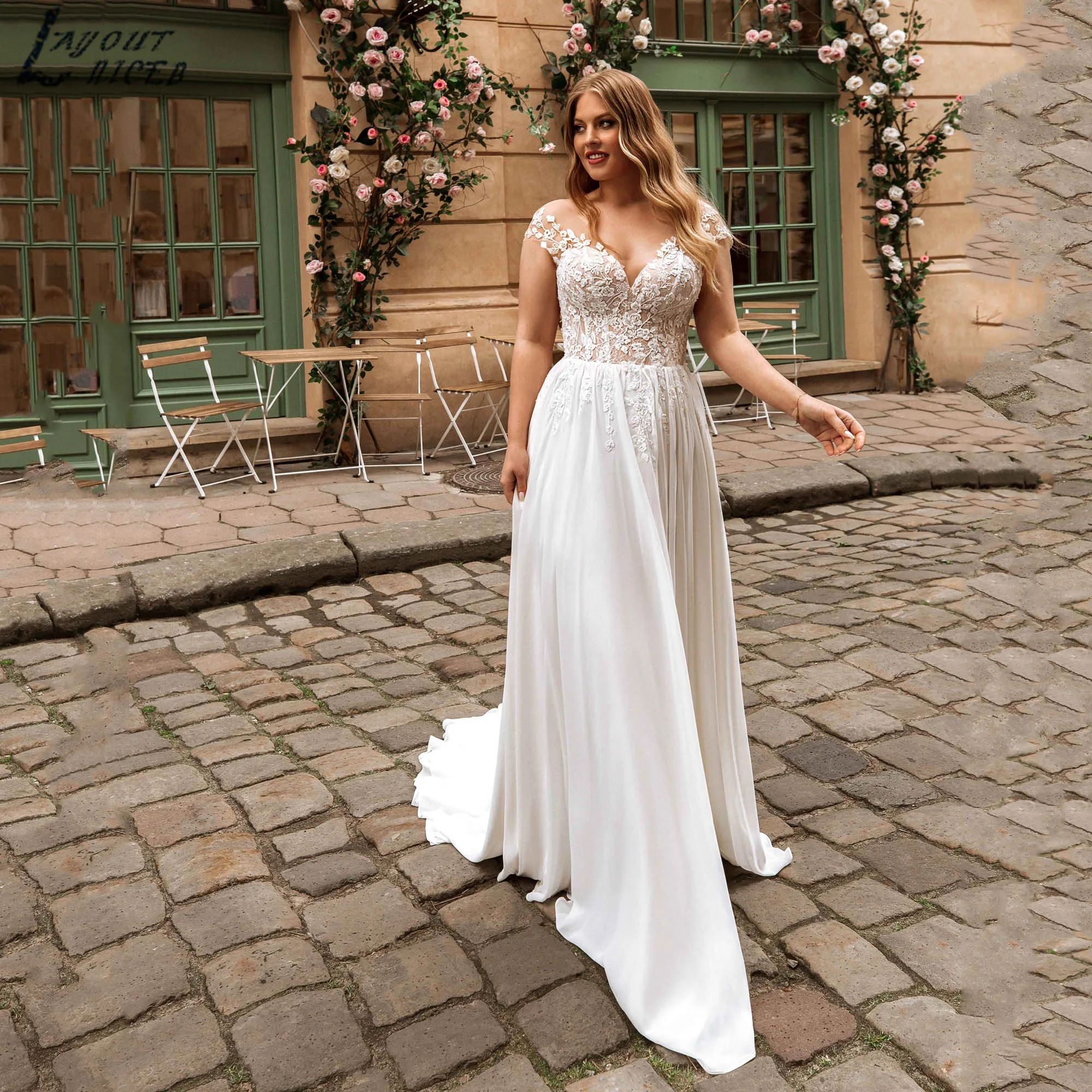 

Chiffon V-neck Bridal Dresses Plus Size A-line Cap Sleeves Appliques vestidos de noiva Women Open Back Wedding Gowns Customized