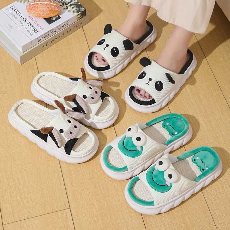 Leuke Cartoon Koe Unisex Linnen Slippers Lente Zomer Slides Muilezel Mannen En Vrouwen Thuis Schoenen Antislip Slippers Voor Vier Seizoenen