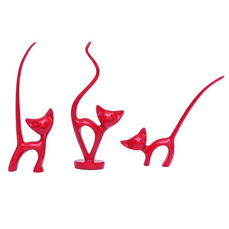 Resin Cats Family Figurines - Lovely Kitten Shelf Decor Art Ornament, Set Of 3 (Red)