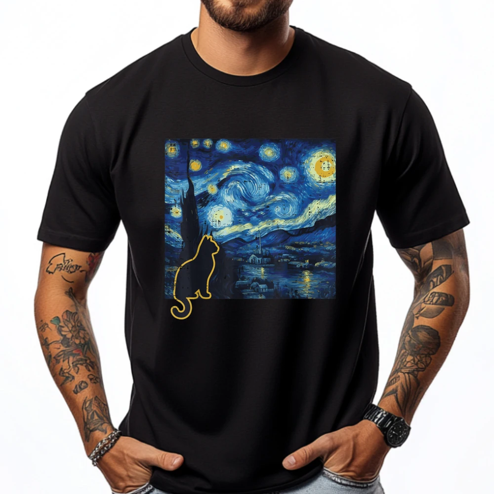 

Cat Starry Night Art Painting Van Gogh Mens Clothing Cotton Comfort Streetwear Men Classic Graphic Tee Shirt