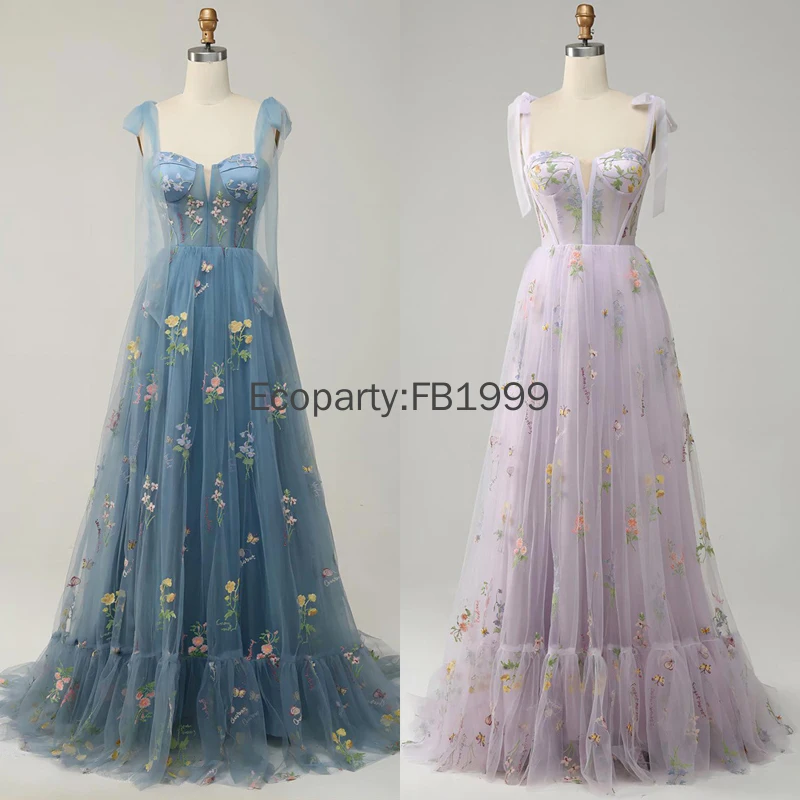 

Women Fairy Princess Embroidery Elegant Evening Dresses Sexy Sleeveless Spaghetti Strap Tulle Purple Blue Banquet Gown Vestidos