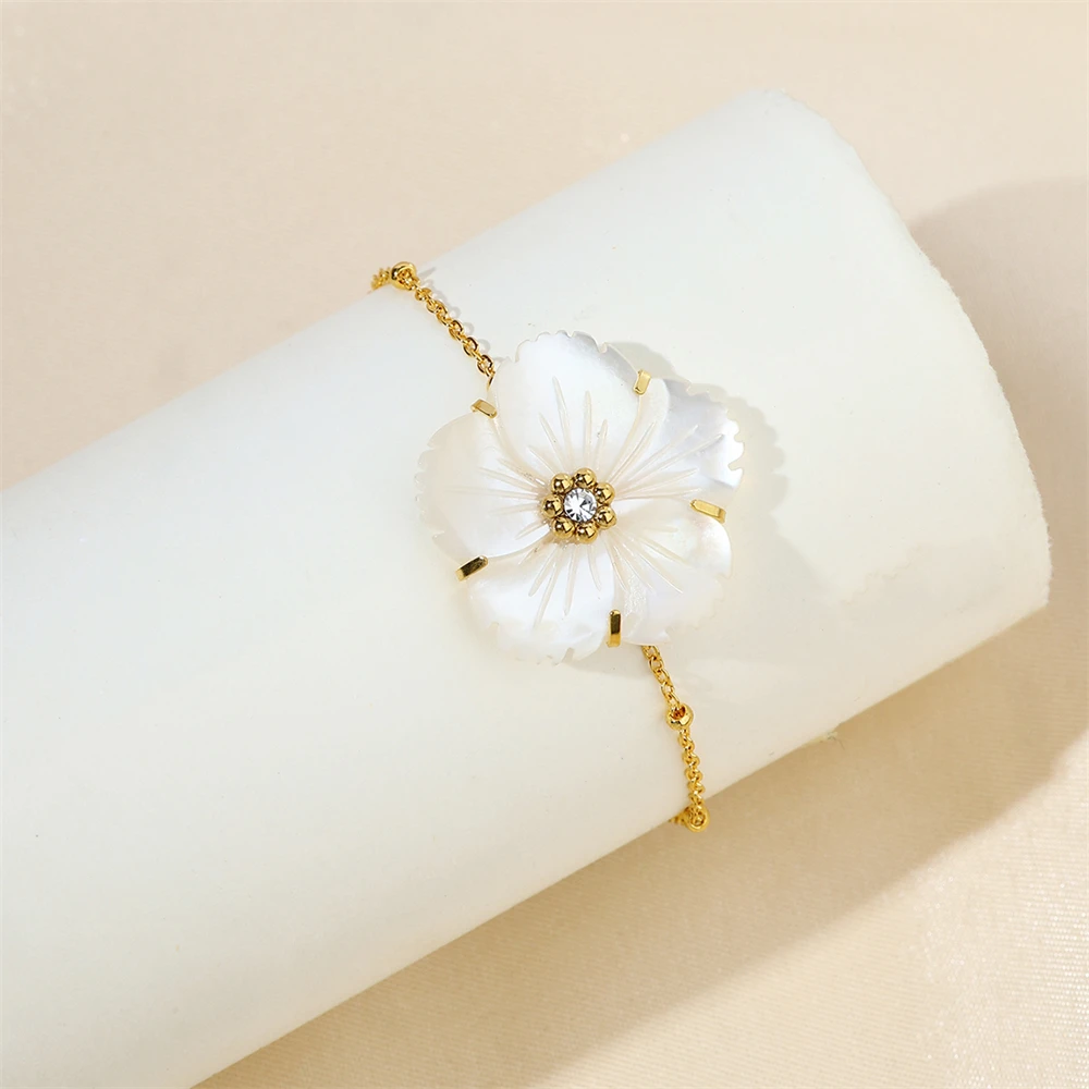 Elegant Big Shell Flower Bracelet For Women Chic Stainless Steel Chain Party Wedding Bracelet Simple Fashion Jewelry Girls Gift