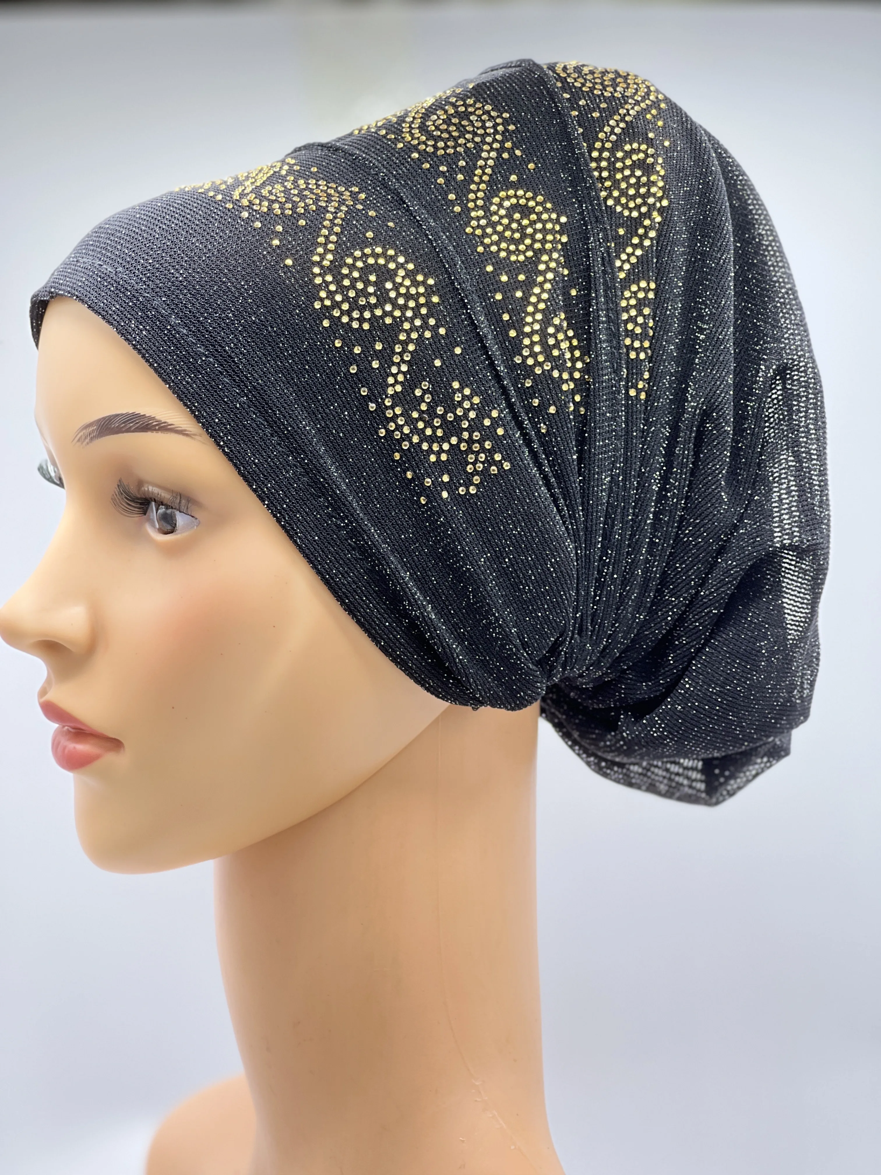 Pattern Hat New Silver Wire Hot Drill Hat Solid Color Women\'s Turban Hat Elastic Women\'s Turban Muslim Turban Turkish Hat Arabic