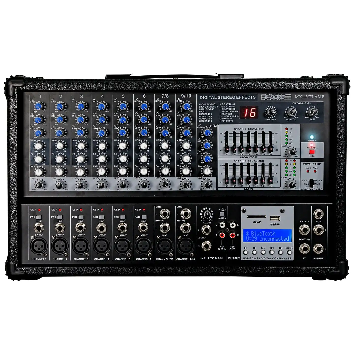 

5 Core Audio Mixer 4800W Powered 12 Channel 240V Mixer System USB MP3 Bluetooth SD readers Digital LCD Display PMX 12CH