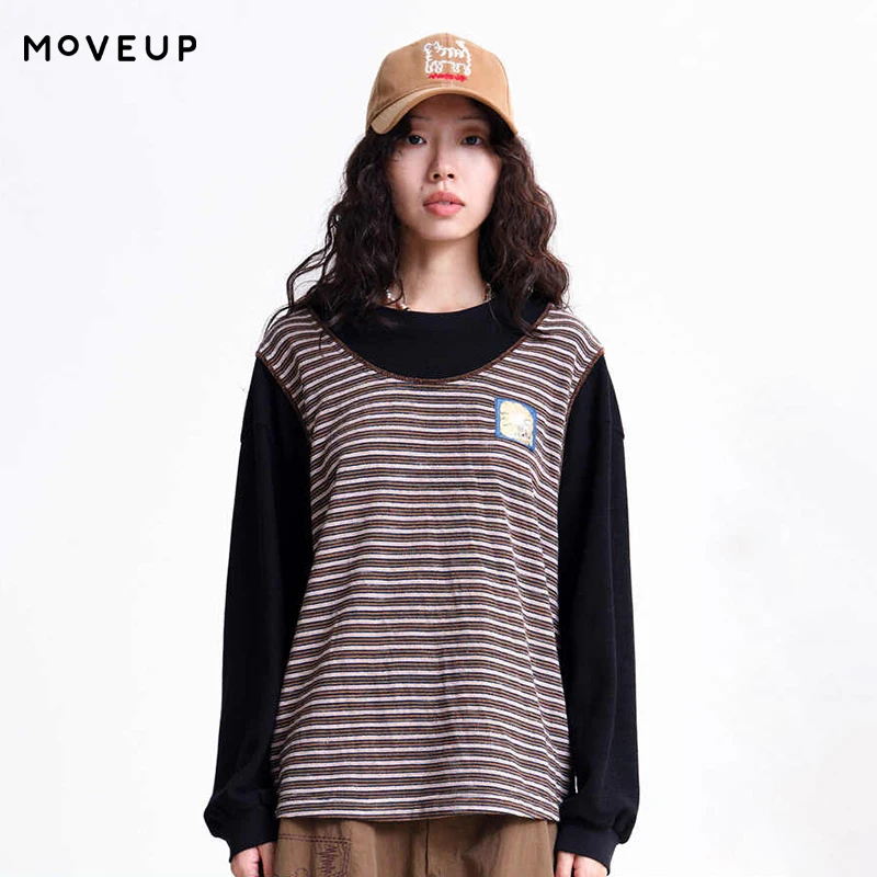 

MOVEUP Striped T-Shirt 2026 Spring New Colorful Cartoon Cat Pattern Woven Label Loose Commuting Faux Two-Piece Top 3ELC10522