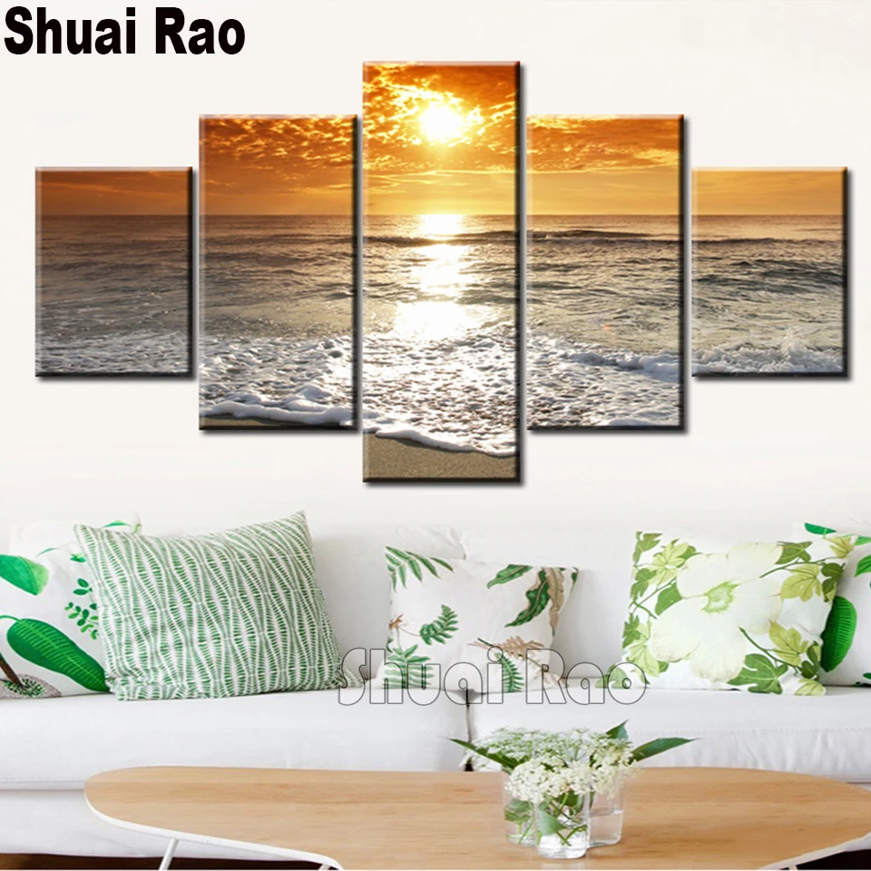 

Diamond mosaic nature 5 Panels Sunsets Natural Sea Beach Landscape full Diamond Painting Art Embroidery Of Living Room Decor