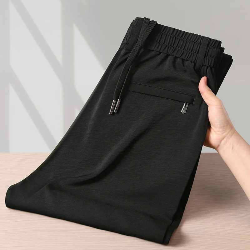 Pantalon décontracté homme en soie glacée, coupe droite, léger et respirant, idéal pour l'été, confort premium, extensible et uni