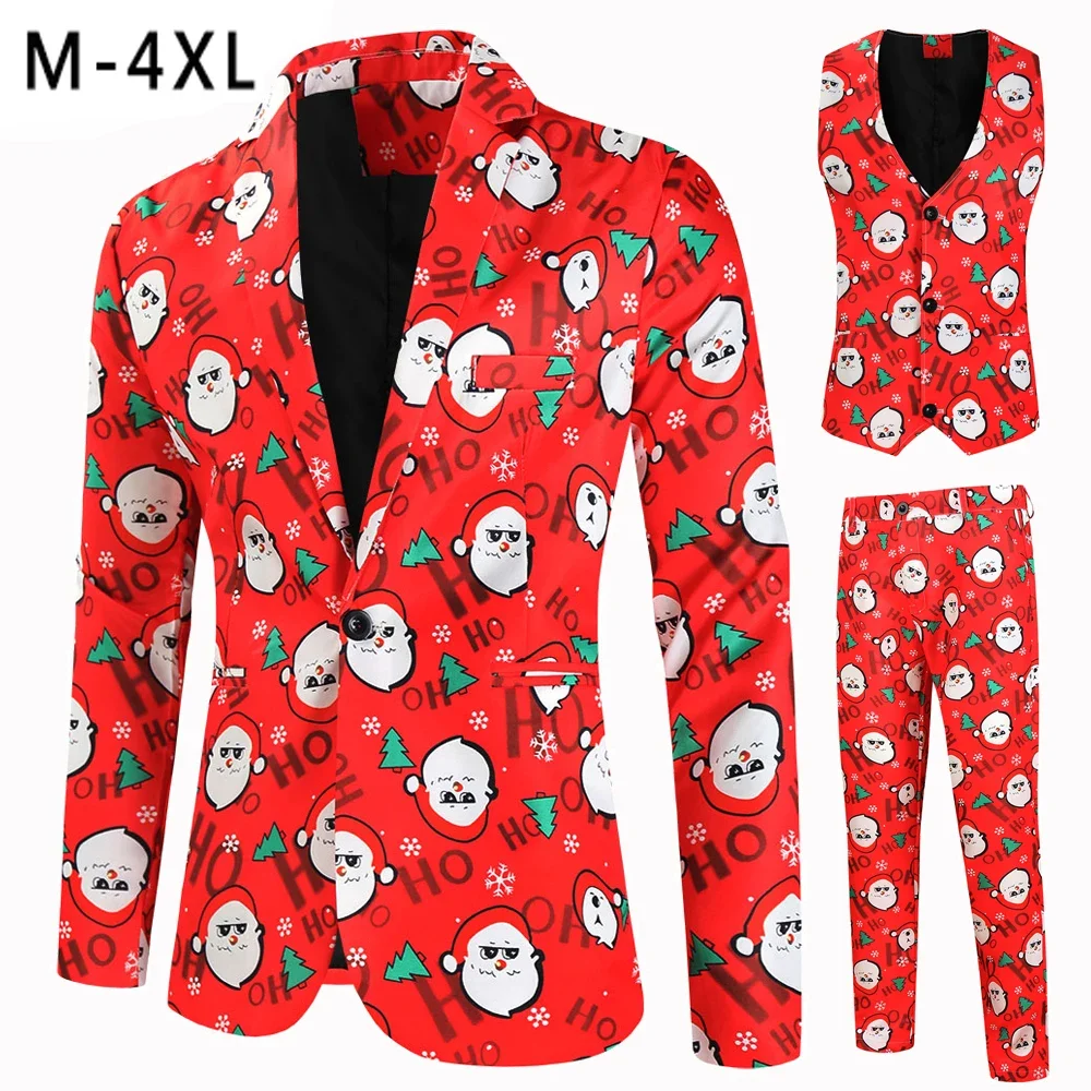 4XL New Red Santa Claus Printed 3 Piece Suits for Men Christmas Party Stage Funny Mens Blazer Sets （ Blazers + Vest + Trousers ）