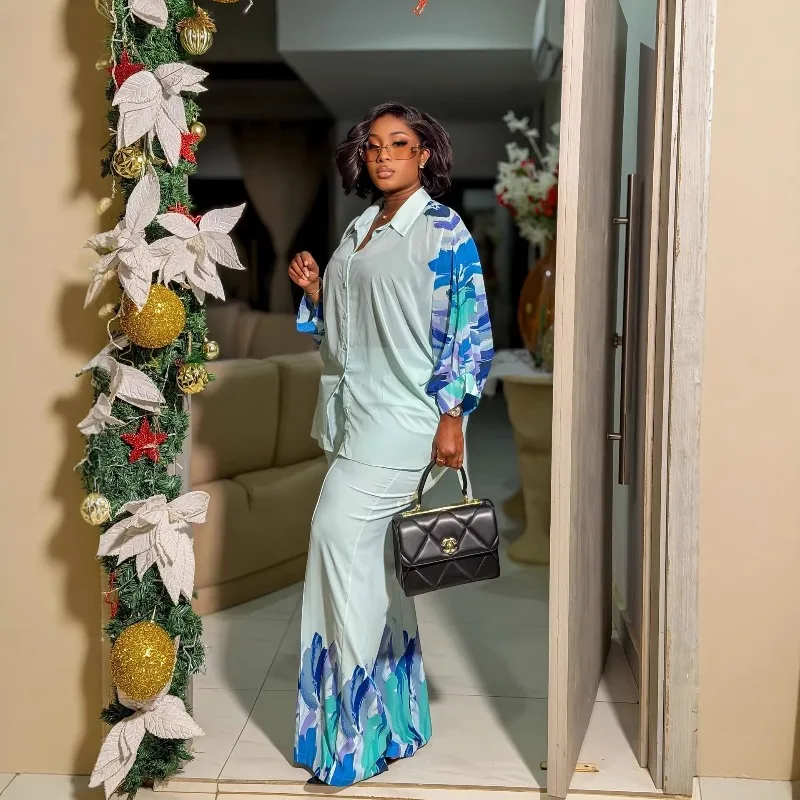 Elegant Print Matching Set Women Lapel Long Sleeve Shirt High Waist Wide Leg Pants African Fashion Daily Chic Two Piece Suit