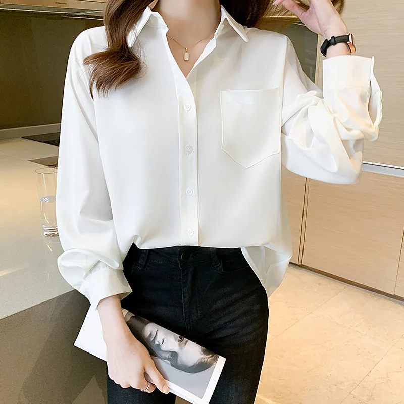 Women Spring Simplicity Office Lady Solid Color Polo-Neck Long Sleeve Shirts Ladies Casual All-match Appear Thin Pocket Tops