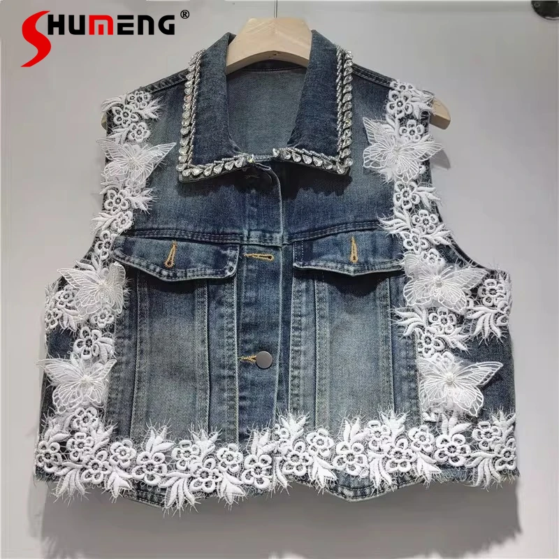 

Новые модные женские универсальные джинсовые жилеты с кружевными вставками и отложным воротником, стильные джинсовые жилеты для женщин 2026 года