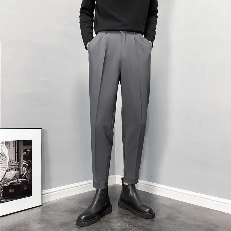 

Solid Color Slim Fit Man 9 Cropped Suits Pants Summer 2025 Thin Casual Korean Reviews Many Clothes Classic Suit Trousers for Men