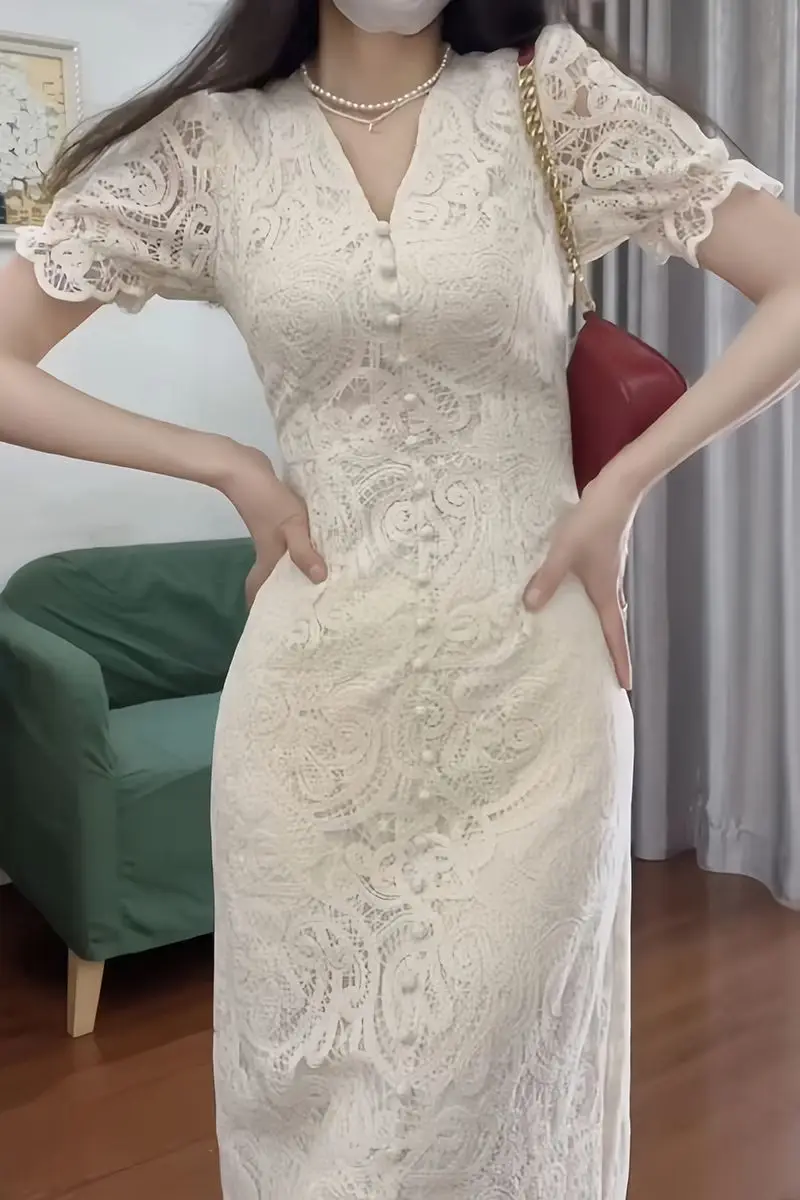 

French Style Lace Dress for Women V Neck Short Sleeve Hollow Out Design Slim Fit Waist Elegant and Delicate Fairycore Aesthetic
