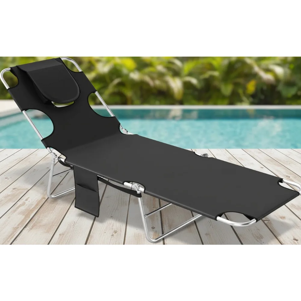 

5-Level Adjustable Folding Beach Lounge Chair with Face Hole & Storage Pocket for Outdoor Tanning, Patio, Pool
