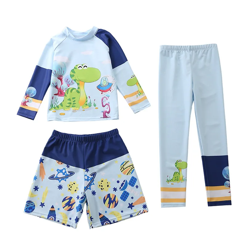 

HappyFlute Three-Piece Set Fashion Animal Print Children's Boy Five Quarter Pants Long Sleeve Sun Protection Swimsuit