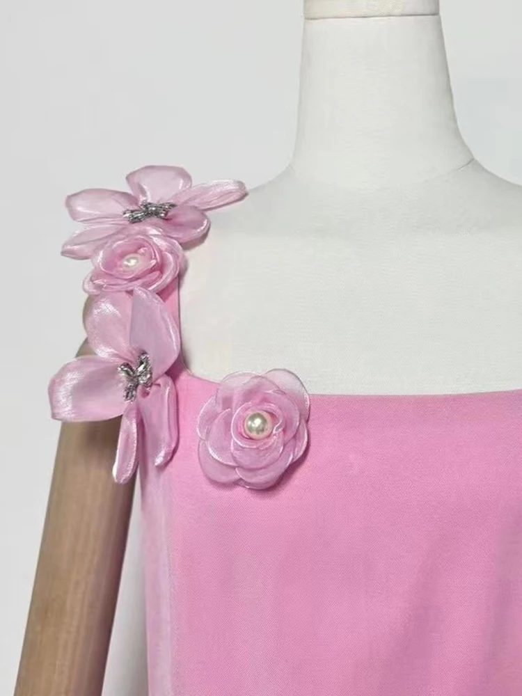 2025 summer women's new square collar three-dimensional beaded flower dinner suspender dress temperament swing A-line dress