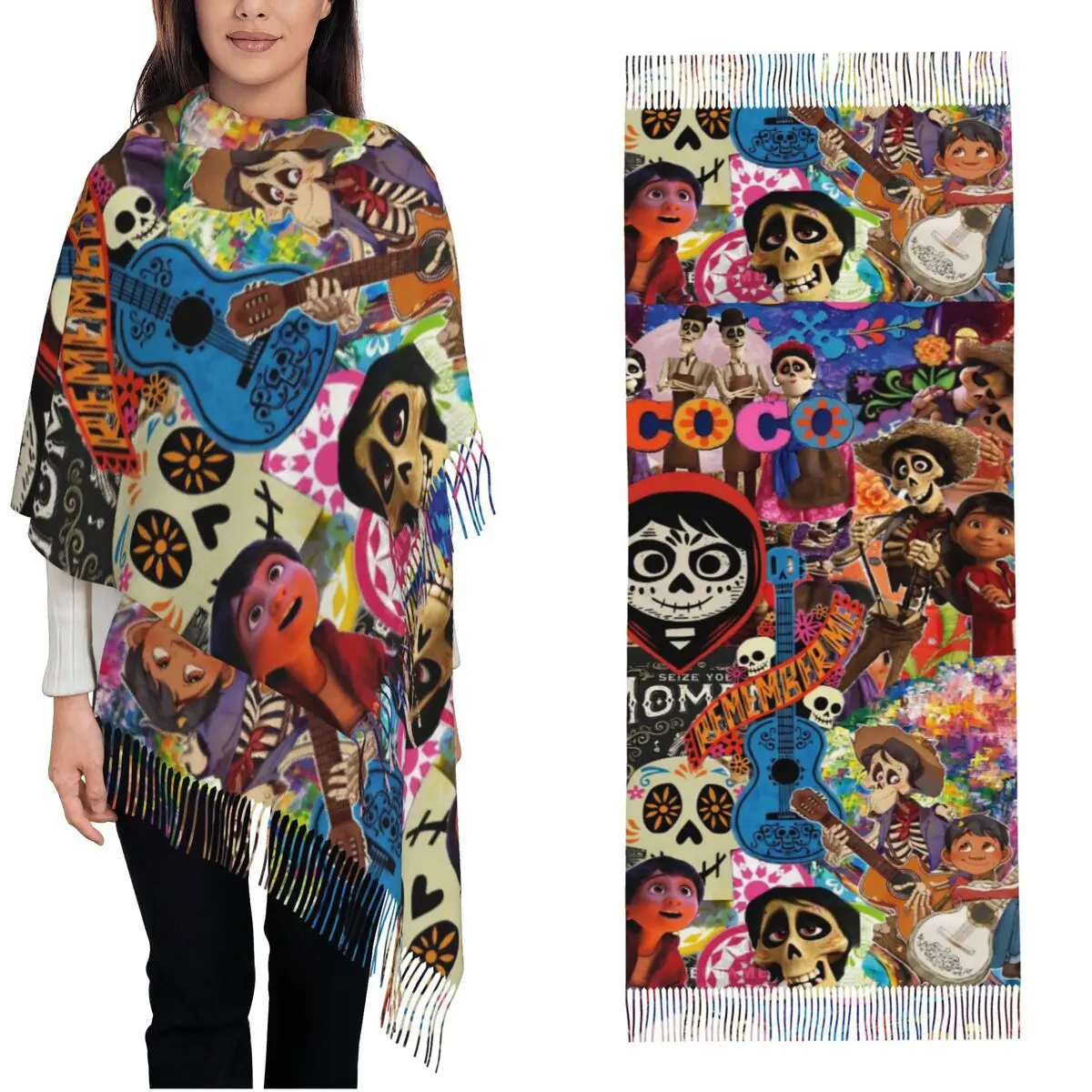 وشاح نسائي مع شرابة كوكو ميغيل الهياكل العظمية الأزهار طويلة شال ناعم والتفاف القطيفة يوم الموتى ارتداء اليومي وشاح الكشمير #1