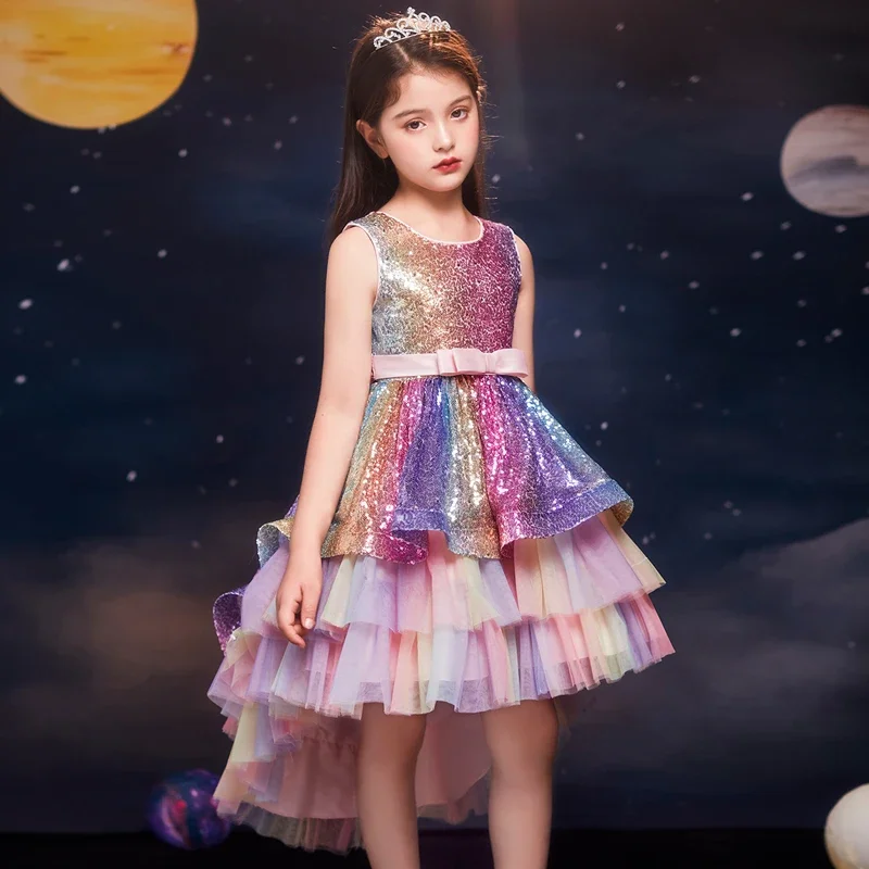 Falda mullida con lentejuelas para esmoquin para niña, falda de princesa colorida sin mangas, precioso programa de presentador de espectáculo elegante aplicable