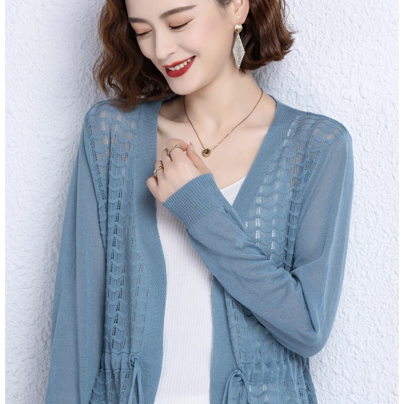 Ice silk cardigan Women\'s Mid-length spring and summer New hollow drawstring sweater thin type sunscreen outer wear