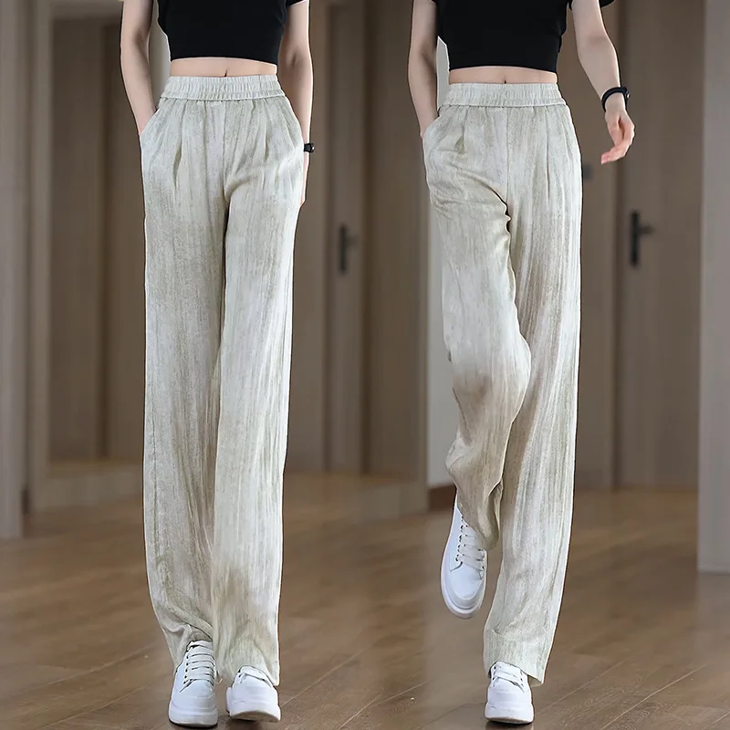 

Ice Silk Cotton Linen Wide-Leg Pants for Women 2024 Summer New High Waist Loose Thin Casual Tie-Dyed Linen Straight Pants