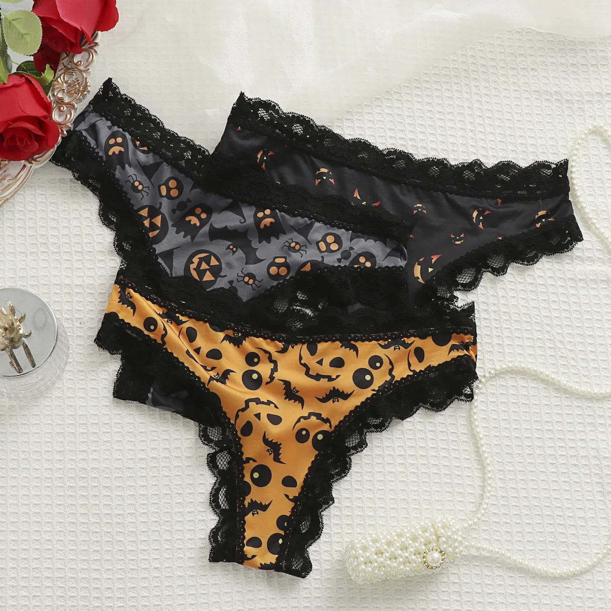 Sexy Spitze Patchwork Halloween Kürbis Damen Unterwäsche atmungsaktive Eisseide bequeme nahtlose Dreieckshose
