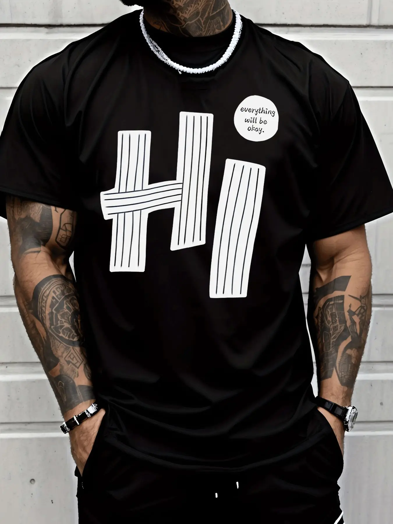 Male Black Round Neck T Shirt Simple Vertical Line Hi Graphic Small Round Positive Quote Print Relax Daily Basic Cotton Tees