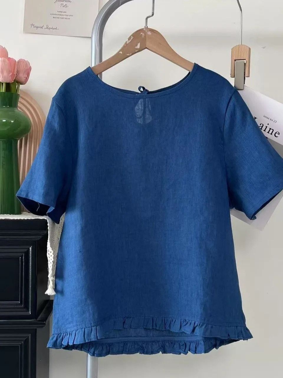

Loose Cotton Linen Short Sleeve T-Shirt Women's plus Size Summer New Style Casual round Neck Casual Wind Style Hemming Design