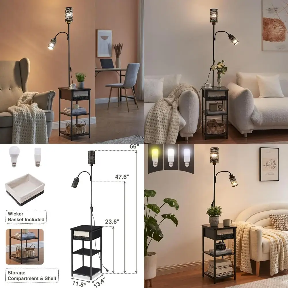 

Компактная прикроватная тумбочка со встроенной лампой и местом для хранения для гостиных и комнат для гостей, 2 лампочки в комплекте