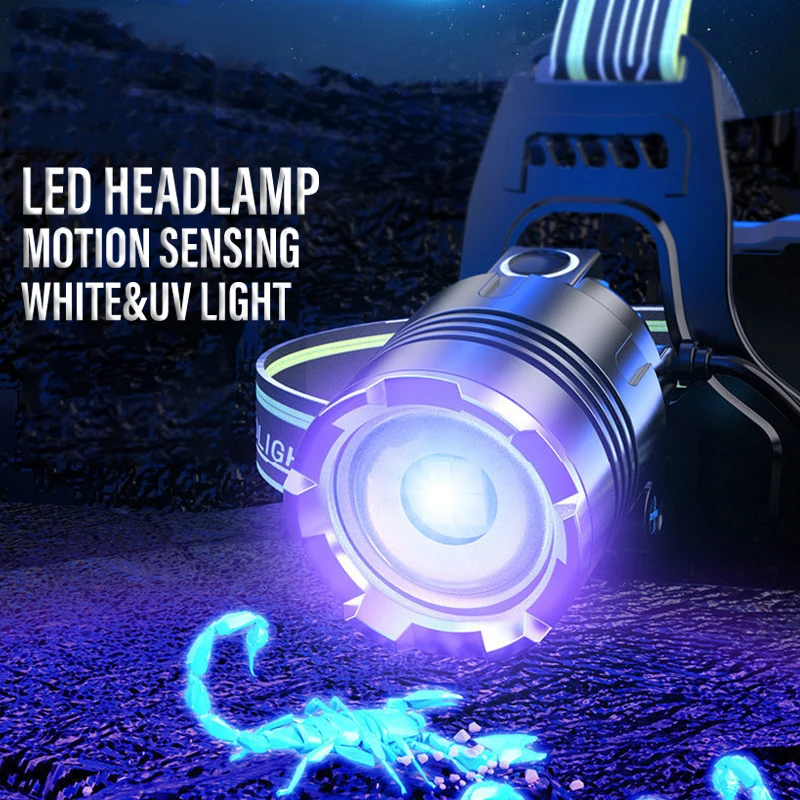 D2 White+UV Light Headlamp Motion Sensor LED Dual Light USB Rechargeable Outdoor Headlight Camping torch Lantern Waterproof Zoom