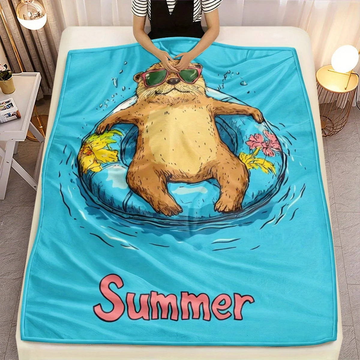 Summer Otter Floating In Pool Fleece Blanket Cute Animal Design Soft Flannel Throw Beach Picnic Gift for Kids Adults