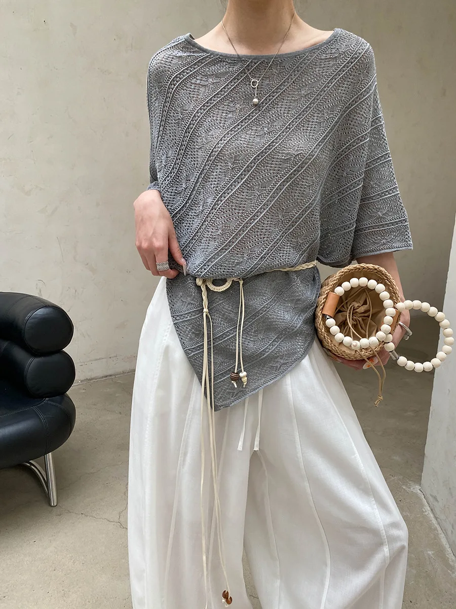 

Summer women's casual solid color belt with lazy style hollowed out bat sleeves knit sweater