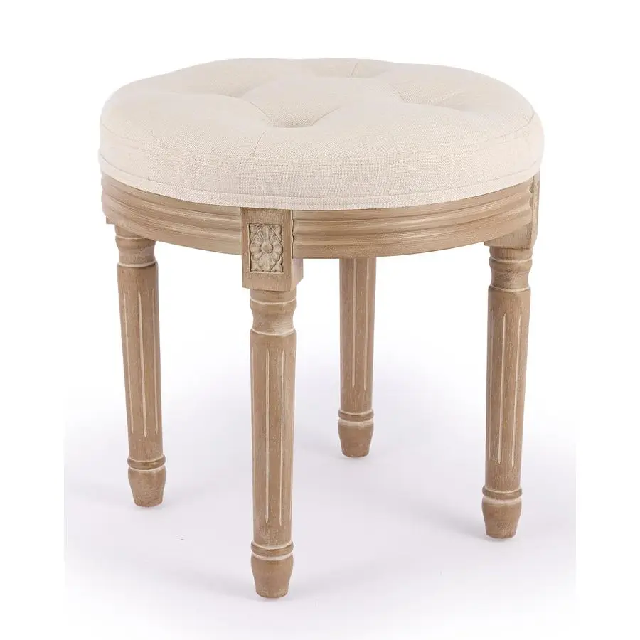 

Vintage Round Brushed Wood Stool with Diamond Tufting, 18Inch, Beige