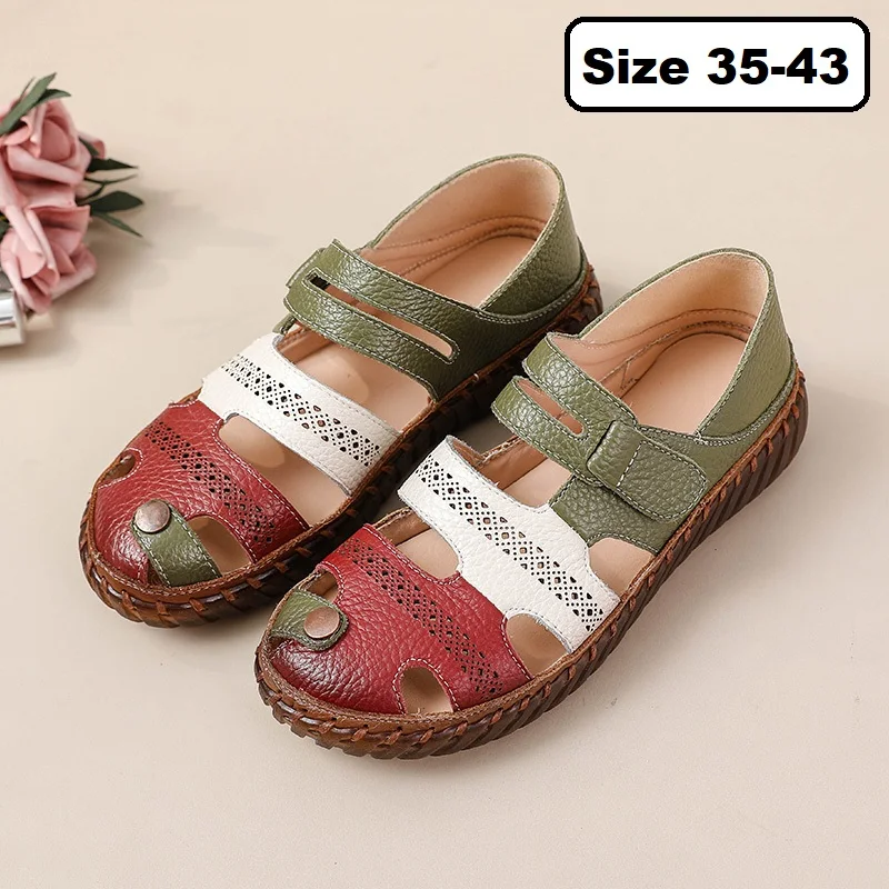 New Patches Gladiator Sandals Women's Handmade Bohemian Shoes Big Size 43 Woman Real Leather Sandal Ladies Patchwork Strap Flats