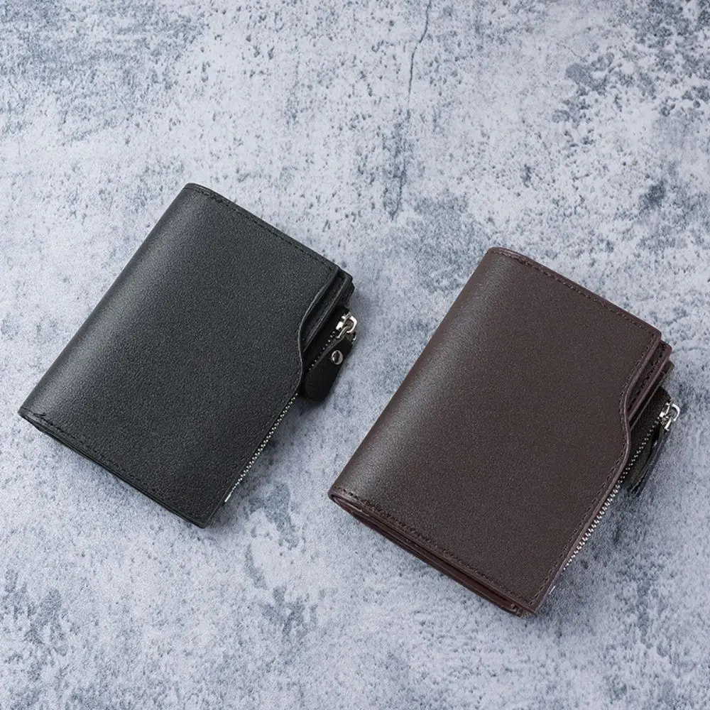Carteira curta de couro PU da moda com zíper Bolsa de telefone fina porta-cartões de cor sólida masculina