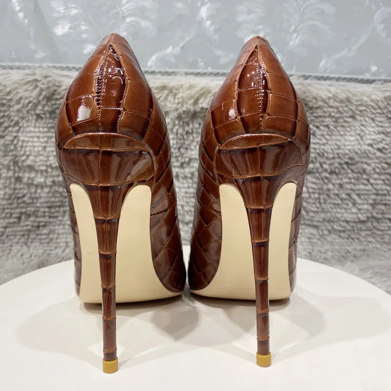 Tikicup Coffee Brown Crocodile Women Sexy 12cm High Heels Party Shoes Ladies Slip On Pointy Toe Stiletto Pumps Plus Size 33-46