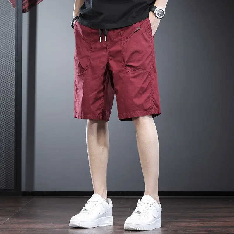 Men's Red Cargo Shorts Summer Lightweight Loose Fit 5 Inch Inseam Streetwear Casual Mid Length Pants New Arrival