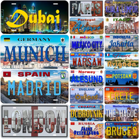 Vintage License Plates Decoration Signs Dubai Munich Madrid Moscow City Tags Metal Automotive Signs for Car Front Wall Decor