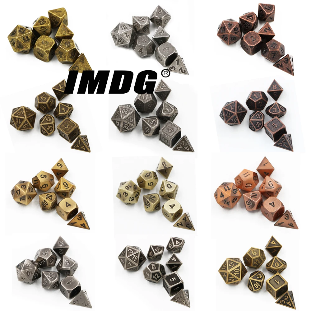 IMDG 7pcs/set Creative RPG Game Dice Polyhedron Metal Dice Cubes Retro Color Digital Game Dice