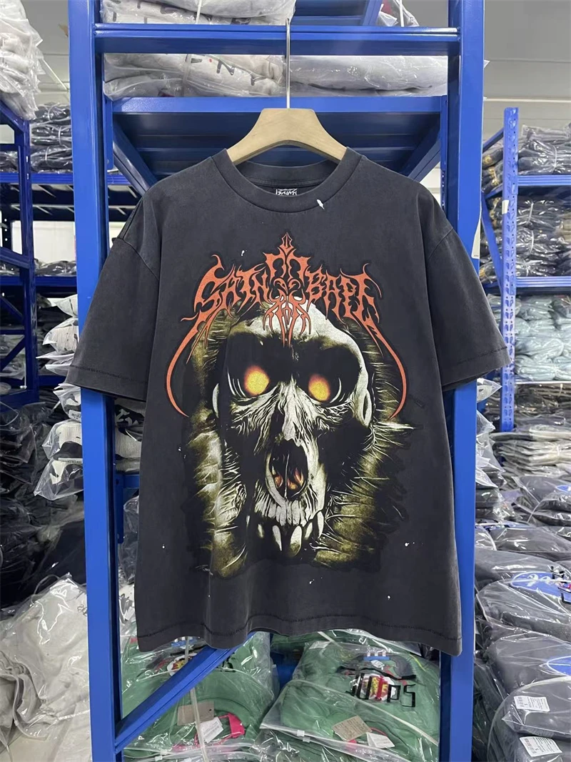 

Saint of Michael 25SS Skeleton Monkey Pattern Printed Washed Vintage T-shirt High Street Casual Pure Cotton Round Neck Men's Top