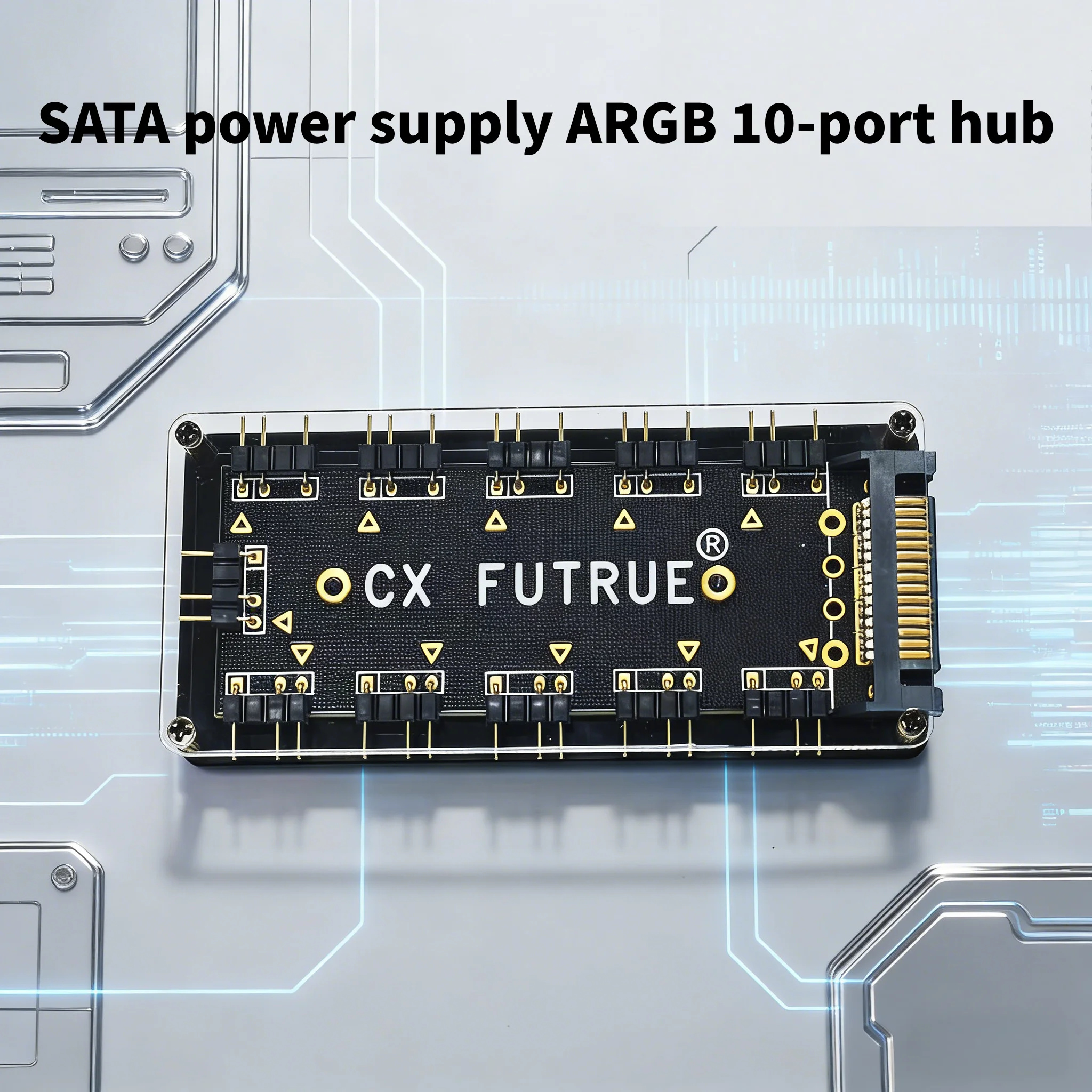 SATA Power 10-Port 5V 3Pin ARGB Hub, Transparent Acrylic Case Addressable RGB Splitter for PC Case Lighting