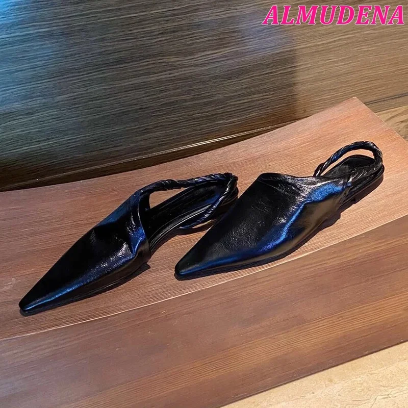 Black Leather Flat Pointed Toe Sandals Women Summer Soft Slippers Slingback Causal Style Luxury Designer 2024 New in Shoes