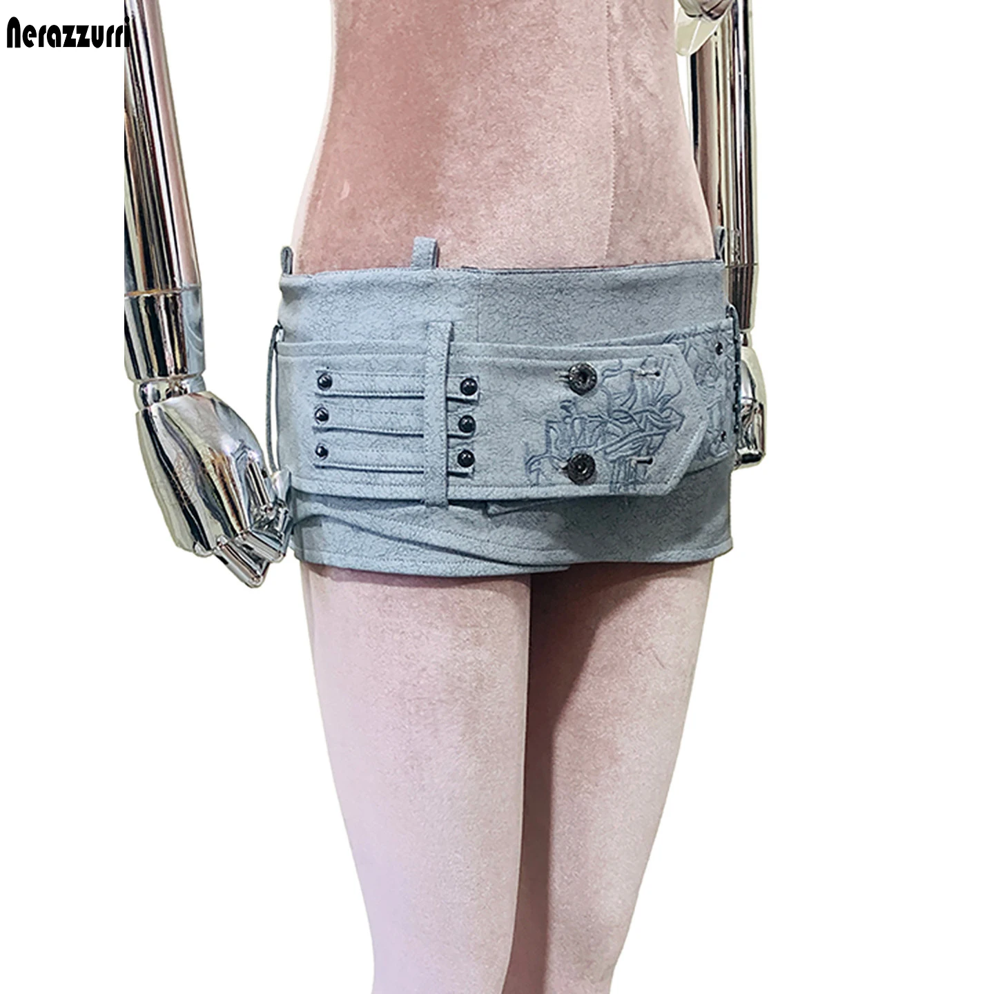 Nerazzurri Summer Sexy Blue Pu Leather Micro Mini Skirt Women with Studded Embroidered Belt Low Waist Gyaru Alt Clothes 2026