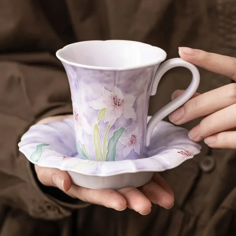 Premium Hand-Painted Purple Lily Ceramic Cup - Minimalist Espresso/Tea Mug with Saucer, European-Italian Aesthetic