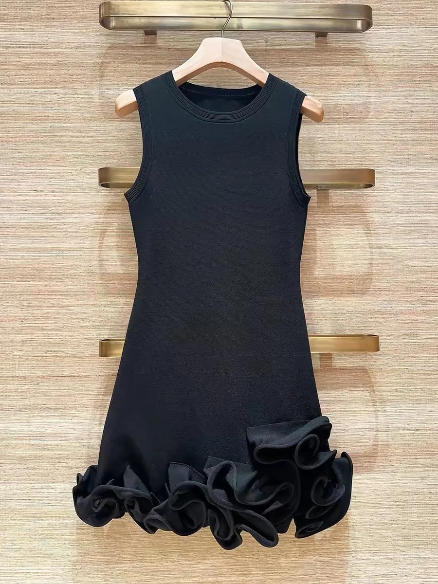 

Elegant Black Off-Shoulder Midi Dress with Ruffle Hemline And Sequin Trim for Women High-Waisted A-Line Silhouette Knitted Fa...