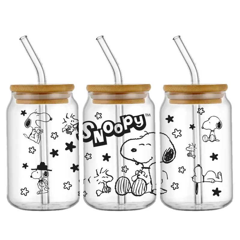 Kartun mode Snoopy 16OZ UV DTF cangkir membungkus stiker Transfer untuk Kaca Libbey dapat botol Selfadhesive dapat dicuci DIY sesuai pesanan