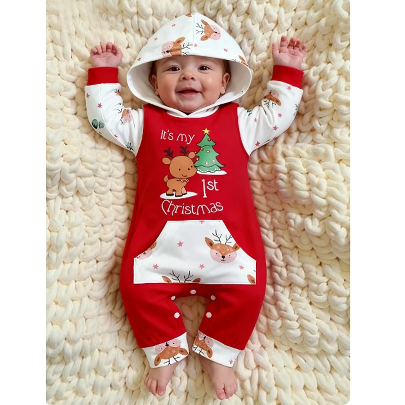 

My First Christmas Baby Girl Boy Outfit Car Truck Long Sleeve Pocket Hooded Romper Jumpsuit Xmas One Piece Clothes