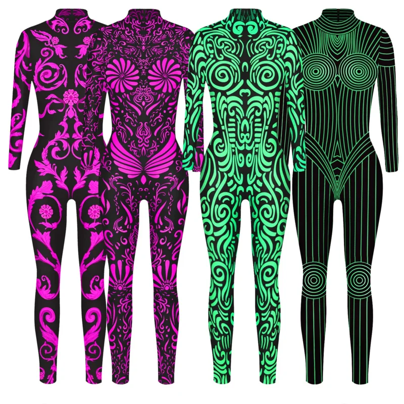 Vipfashion-bodysuit zentai estampado geométrico feminino, traje cosplay Rave verde e rosa, traje zentai feminino, festa de Halloween, feriado