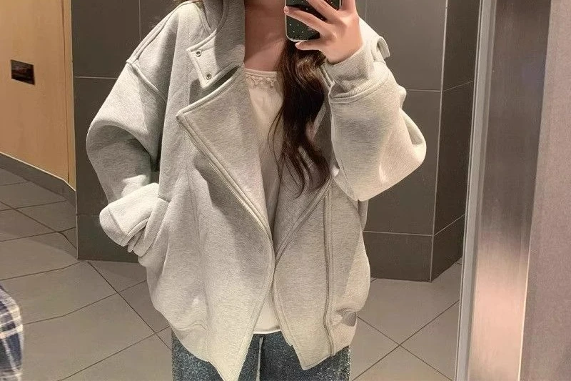 

2025 Spring and Autumn Double Zipper Cardigan Hoodie with Thick Velvet Design