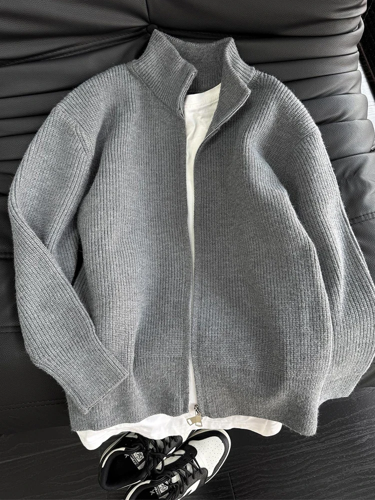 

Серый вязаный кардиган в американском ретро-стиле для мужчин, осенняя повседневная куртка свободного кроя с двойной молнией, в стиле Cleanfit